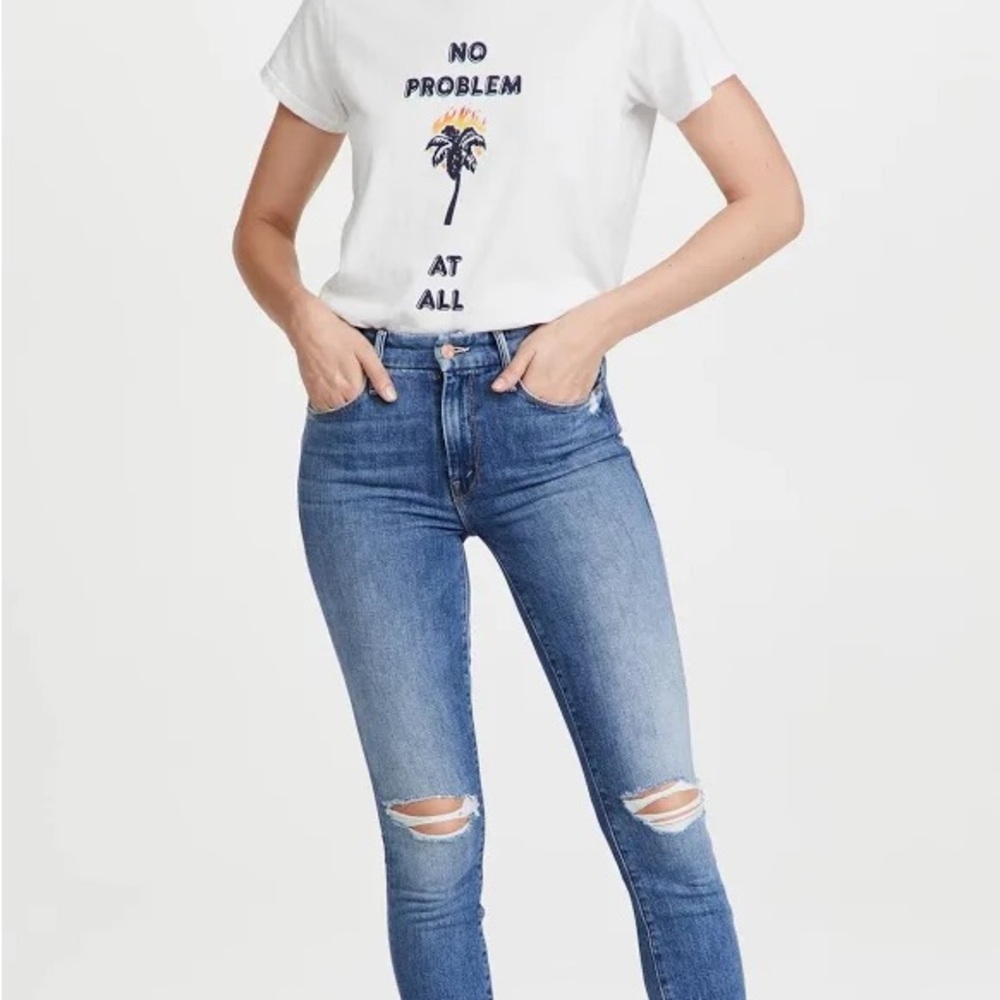 MOTHER The Looker Ankle Fray Not Cut & Pasted Jeans in Distressed Blue